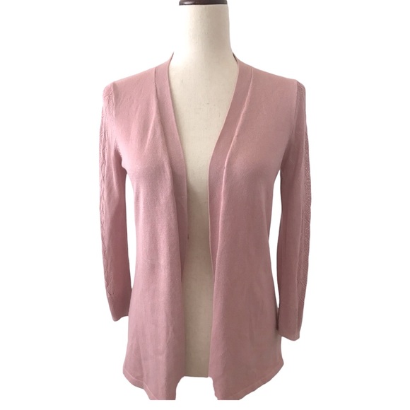Roz & Ali Pointelle Sweater Dusty Pink Long Sleeve Open Front New with Tags - Picture 12 of 17